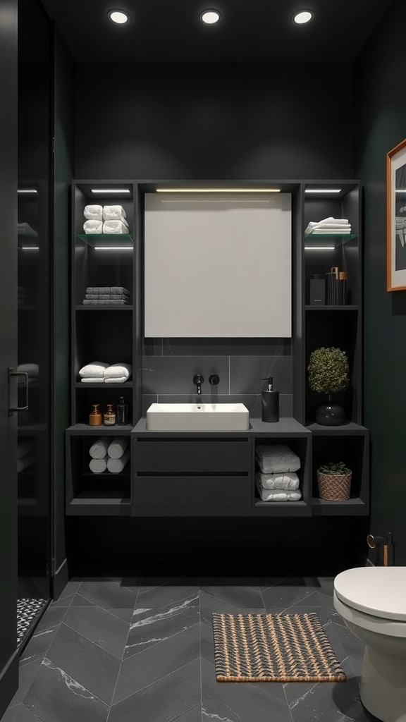 Modern dark green and black bathroom with sleek storage solutions