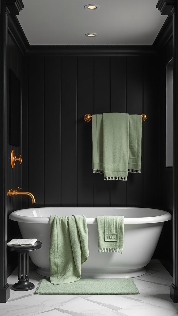 A bathroom featuring sage green and black colors, showcasing soft bath linens, a freestanding tub, and stylish decor.