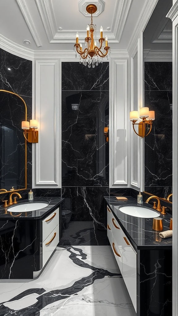 Luxurious bathroom featuring black marble accents with gold fixtures and elegant lighting