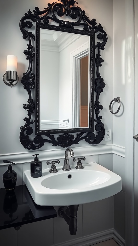 A sophisticated black mirror with intricate detailing above a modern sink in a stylish bathroom.