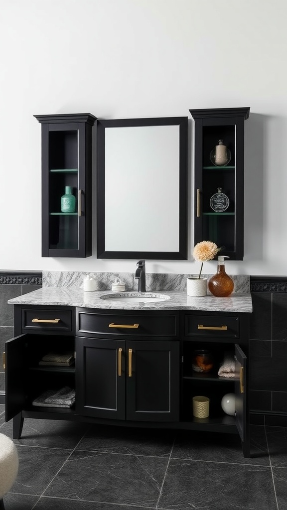 A sophisticated black vanity with a gray marble countertop, gold handles, and open shelves, set in a dark green and black bathroom.