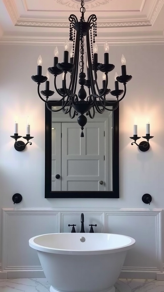 Luxury bathroom interior featuring black lighting fixtures and a freestanding tub.