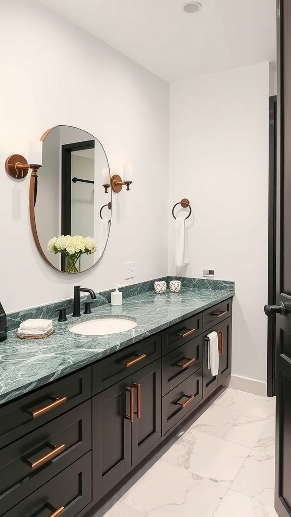 Dark green marble countertop in a modern black bathroom with stylish decor