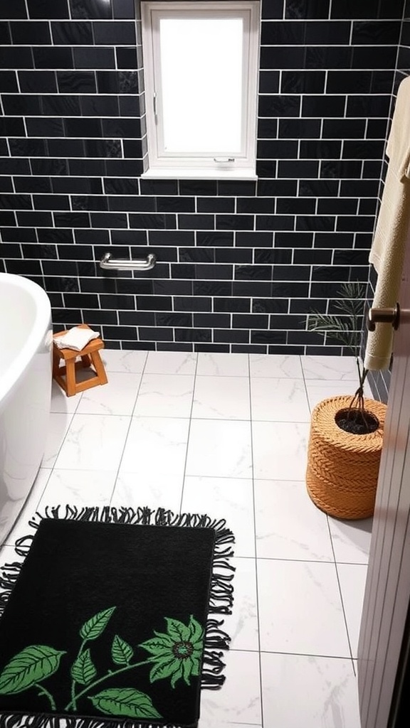 A black rug with green plant design in a dark green and black bathroom