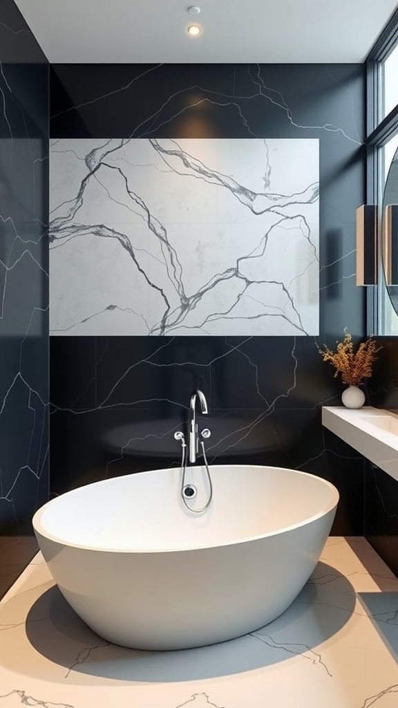 A luxurious black bathtub surrounded by dark marble tiles and a stylish white sink in a modern bathroom.