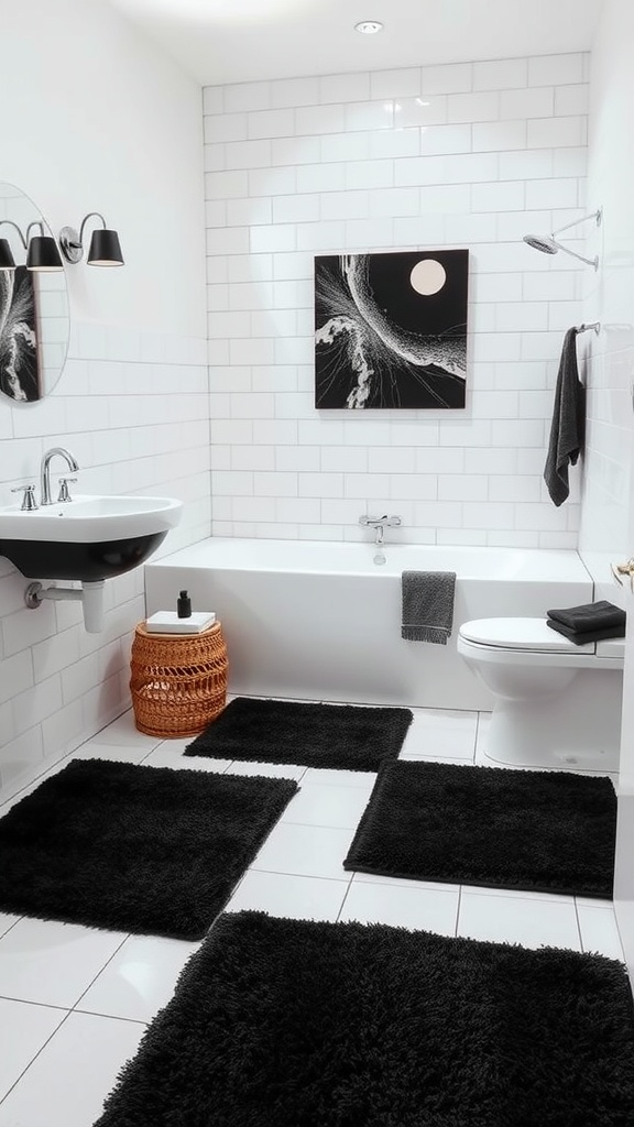 A black-themed bathroom featuring black rugs on white tiles, a modern bathtub, and minimalist decor.