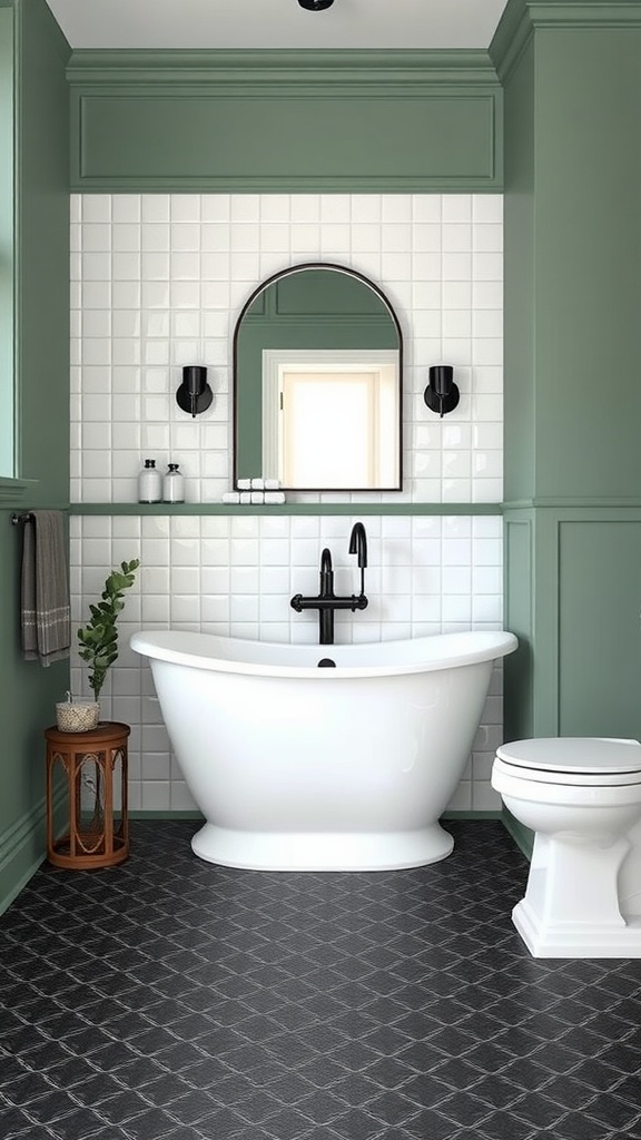 Black tile flooring in a sage green and black bathroom with a freestanding tub.