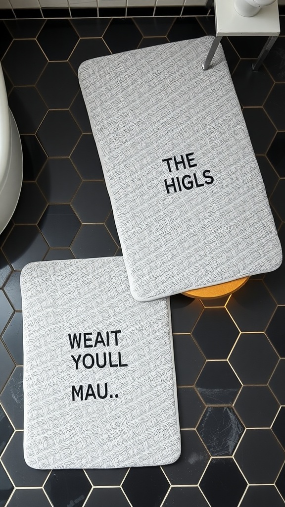 Two stylish grey bath mats on a dark, hexagonal tiled bathroom floor.