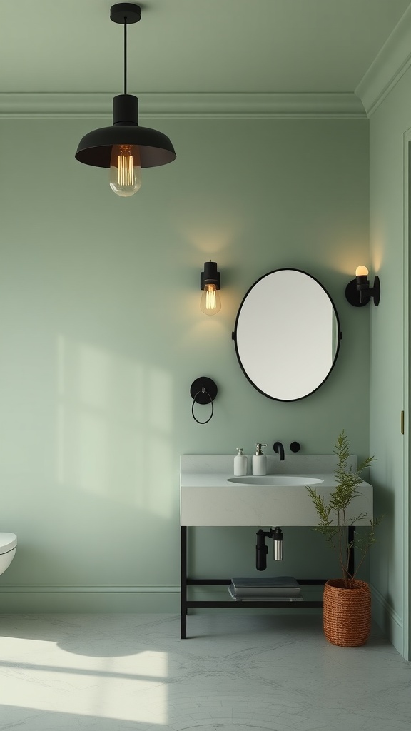 Stylish bathroom with sage green walls and black lighting fixtures