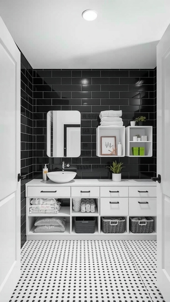 A stylish black, white, and green bathroom with modern storage solutions.