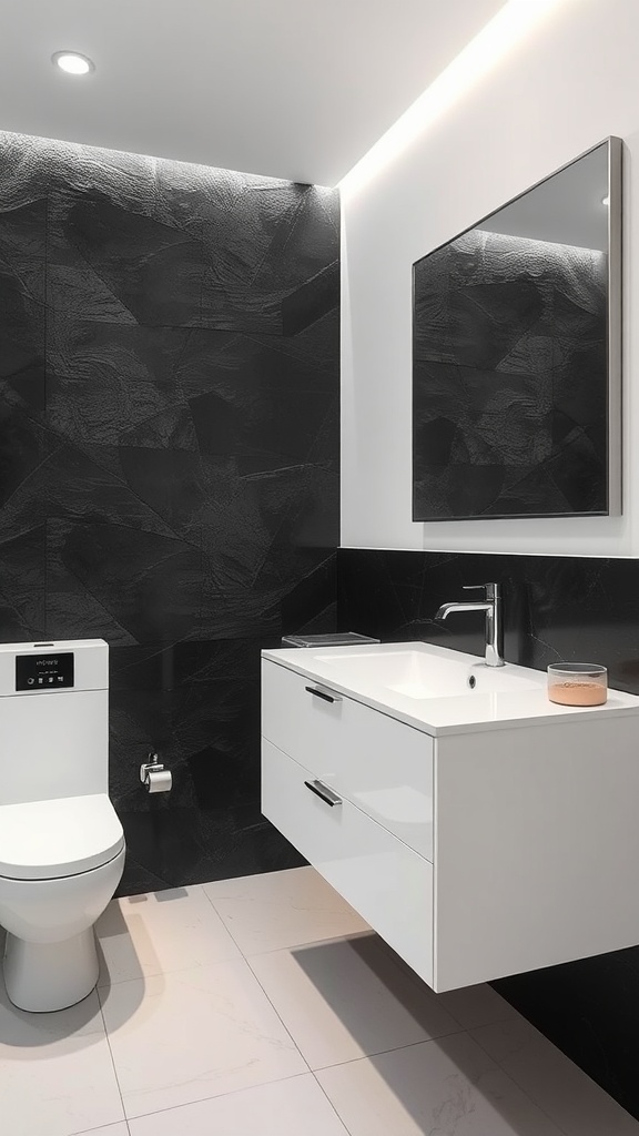 Modern bathroom featuring a textured black accent wall with white fixtures