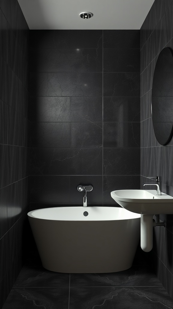 Luxurious bathroom interior featuring textured black wall treatments and minimalist design