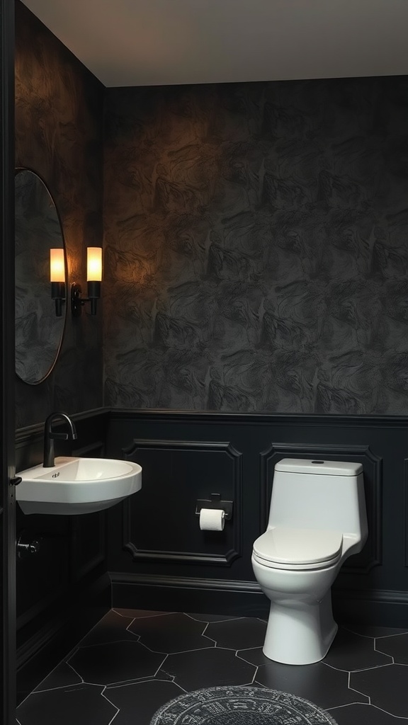 A black themed bathroom with textured walls, modern fixtures, and warm lighting.