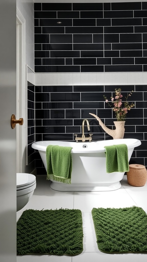 A modern black and white bathroom featuring a white bathtub with green towels and mats.