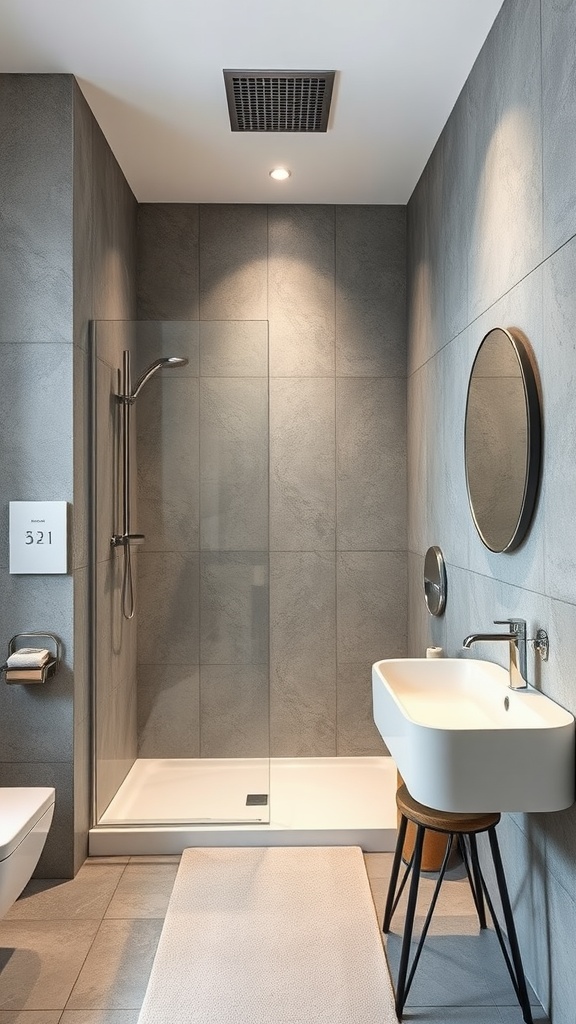 Modern bathroom with textured grey walls, a glass shower enclosure, and minimalist fixtures.