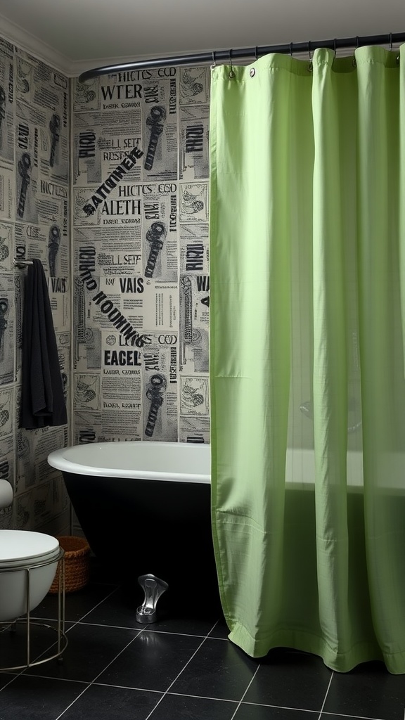 Textured sage green shower curtain in a stylish bathroom