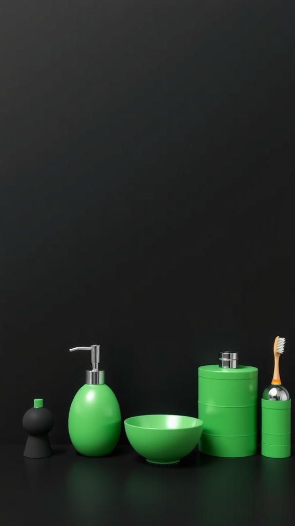 A collection of green bathroom accessories on a black surface, including a soap dispenser, bowl, and toothbrush holder.