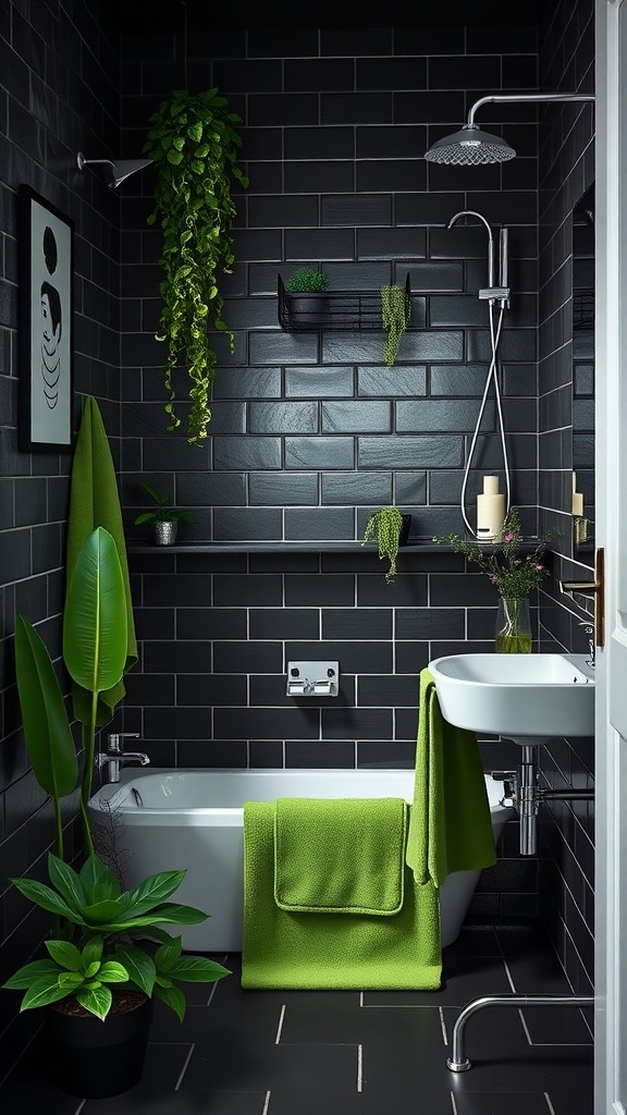 A modern bathroom featuring black tiles and vibrant green accents