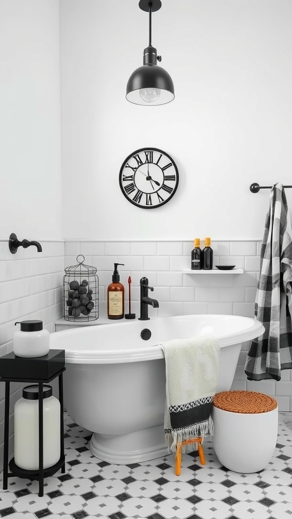 A vintage-inspired black and white bathroom with a bathtub, patterned floor tiles, a wall clock, and various accessories.