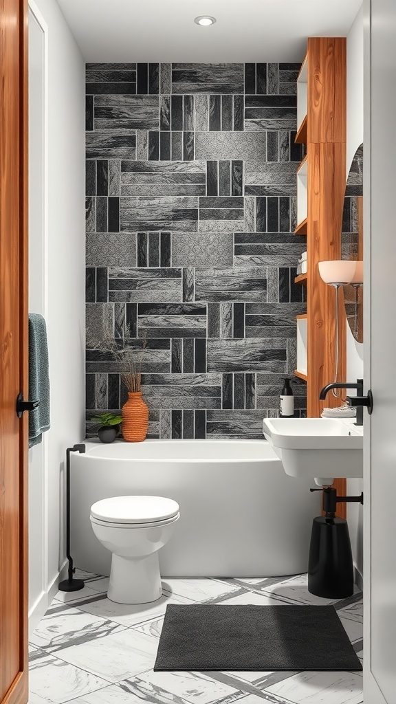 A modern bathroom featuring black, white, and grey tiles with warm wooden accents.