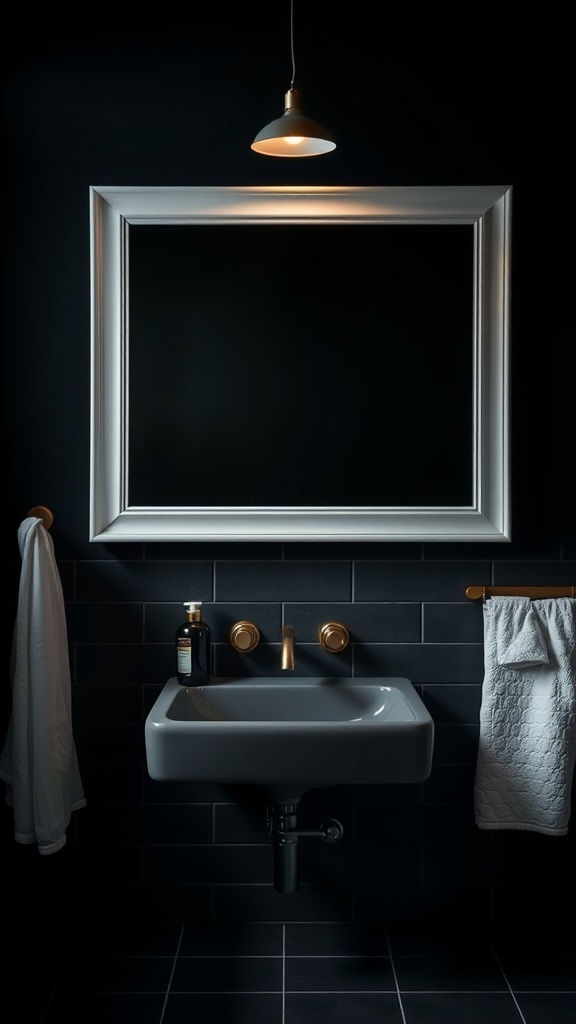 A stylish bathroom featuring a white framed mirror against dark walls, a simple sink, and warm lighting.