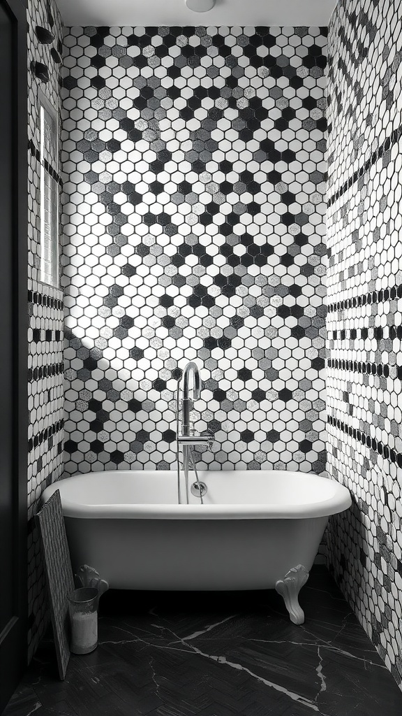 A black and white penny tile accent wall in a bathroom featuring a classic white bathtub.