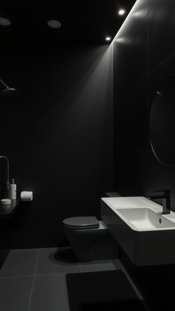 A dimly lit matte black bathroom featuring ambient lighting, a modern sink, and toilet.