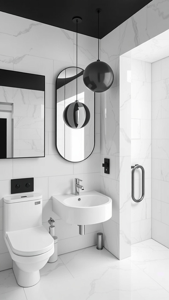 Modern black and white bathroom with artistic mirror and lighting