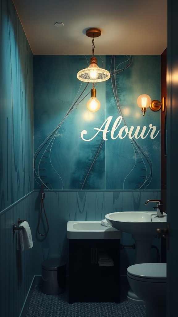A blue and black bathroom featuring artistic lighting with vintage fixtures.