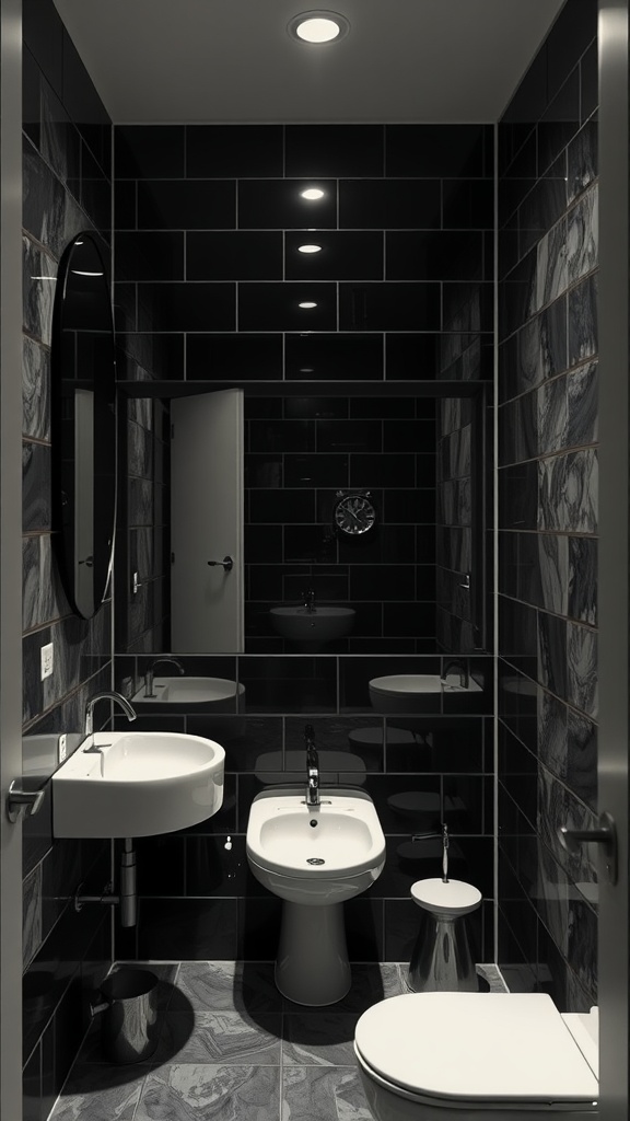 A modern small black bathroom featuring black tiles, a circular mirror, and sleek fixtures.