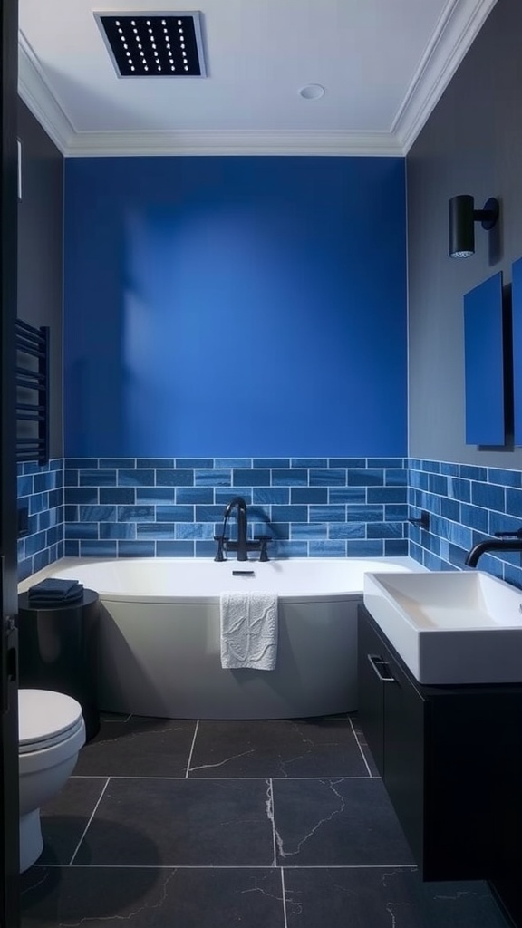 A modern bathroom featuring a bold blue accent wall, black fixtures, and stylish blue tiles.