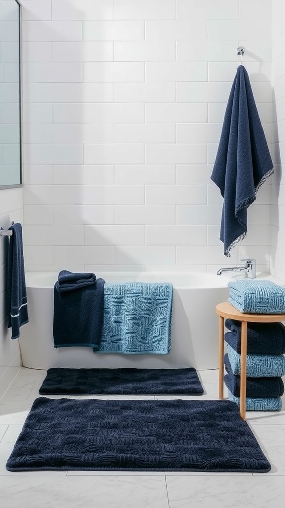 A stylish blue and black bathroom featuring chic bath mats and towels.