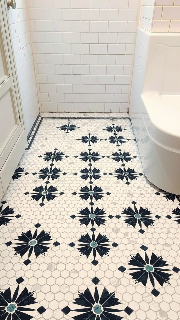 A black and white penny tile bathroom with floral patterned tiles on the floor and white subway tiles on the walls.