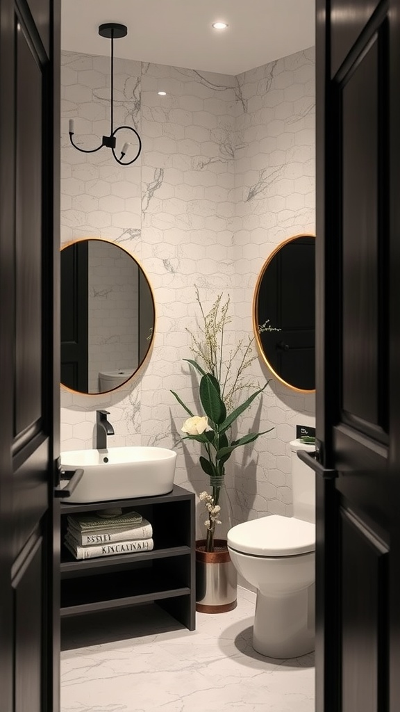 A modern bathroom featuring two round black mirrors, a white sink, and a plant, all set in stylish decor.