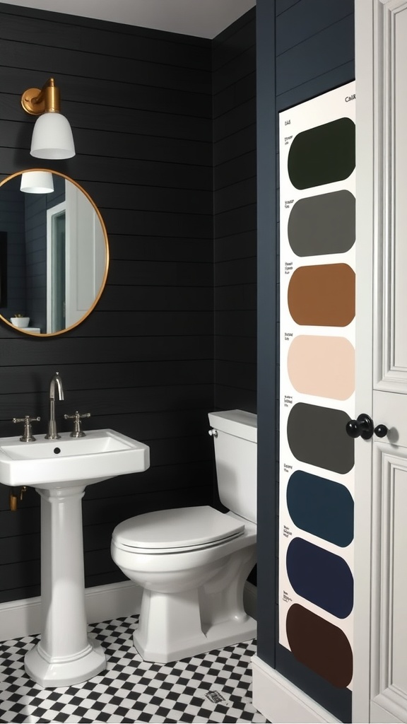 A black shiplap bathroom with a white sink, toilet, and color swatches on the wall.