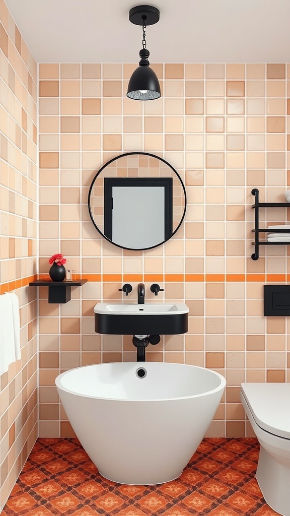 A modern bathroom with peach tiles, a black mirror, and white fixtures.