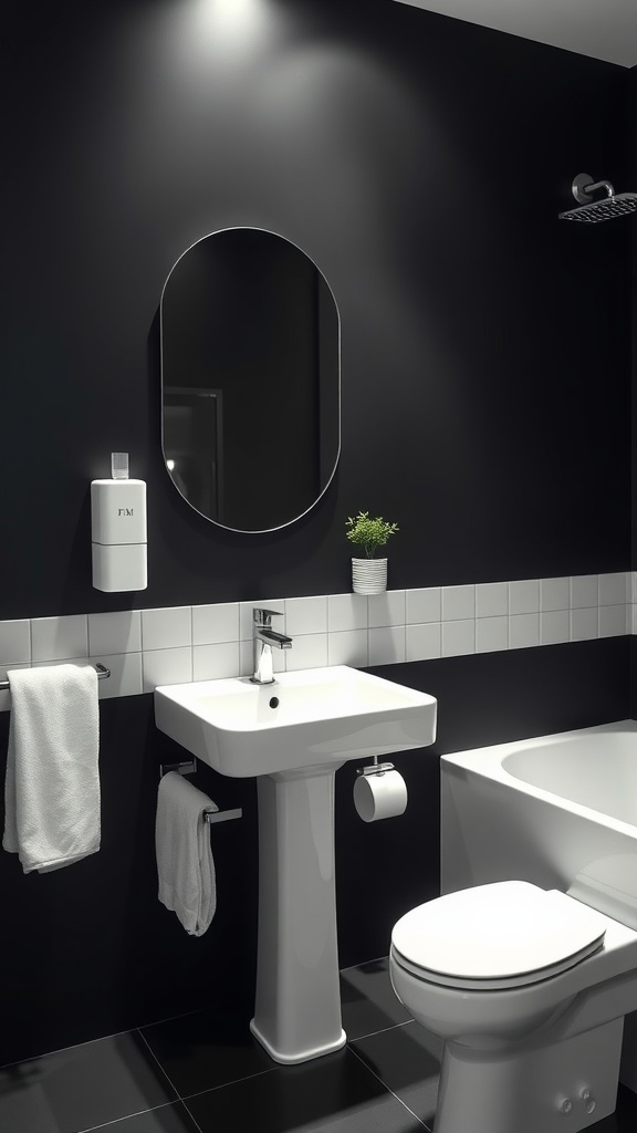 A matte black bathroom featuring white accents including a sink, toilet, and tiles.