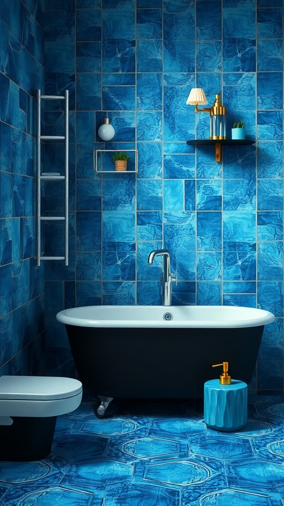 Blue and black bathroom featuring bright blue tiles, a black bathtub, and stylish decor.