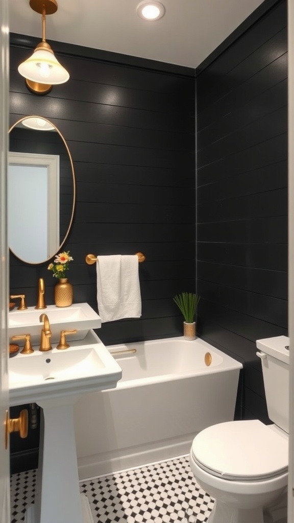 A stylish bathroom featuring black shiplap walls, white fixtures, and gold accents.