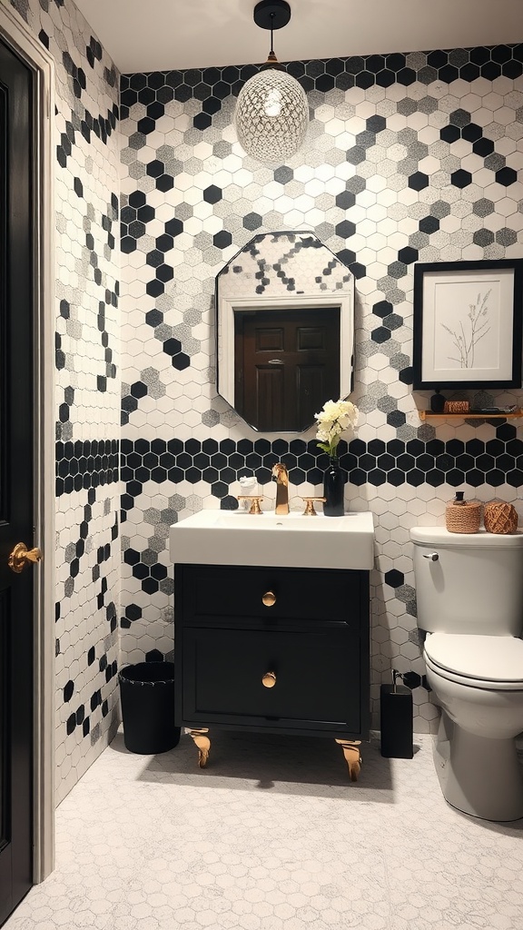 A stylish black and white penny tile bathroom featuring hexagonal tiles, a black vanity with gold fixtures, and a modern pendant light.