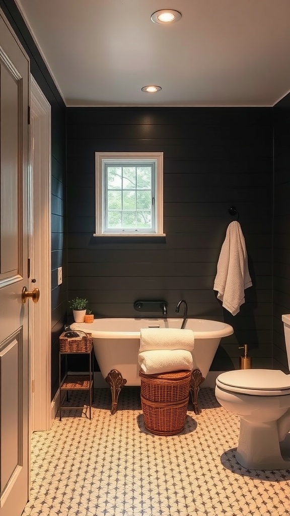 Cozy black shiplap bathroom featuring a tub, plant, and patterned floor.