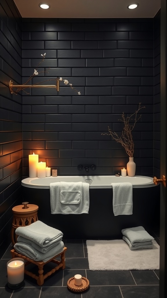 A black shiplap bathroom featuring a deep tub, soft towels, candles, and warm lighting.