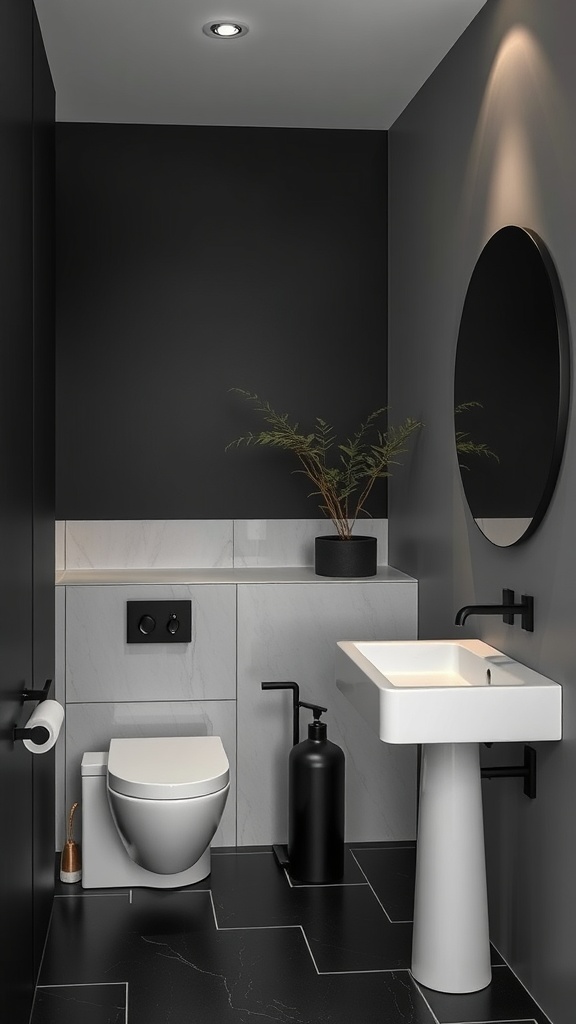 A modern matte black bathroom featuring a sleek design with contrasting elements.