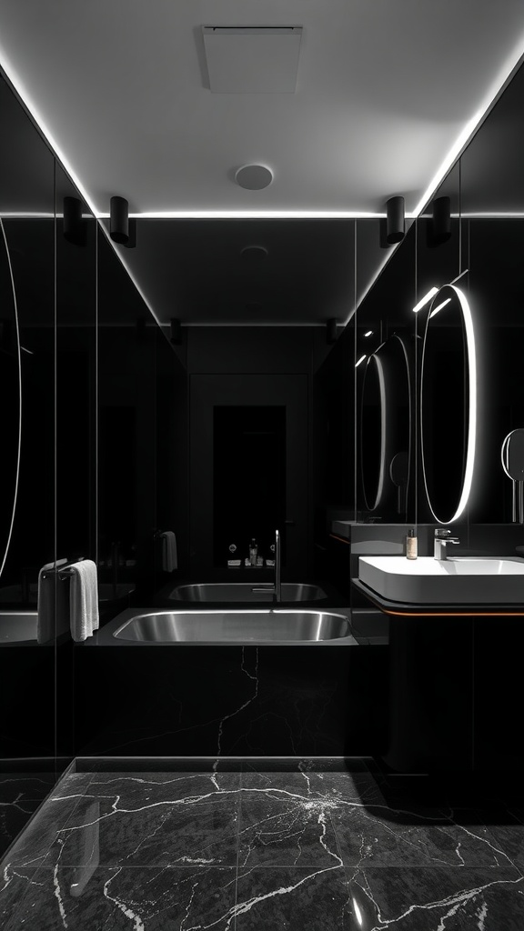 A modern black mirror bathroom with sleek design features and reflective surfaces.