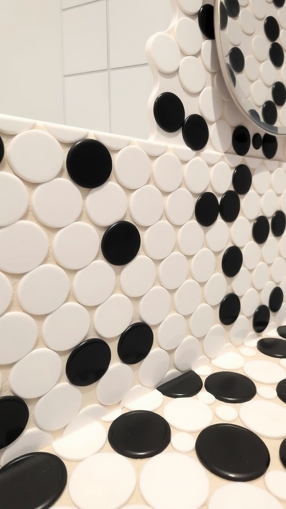 Black and white penny tile bathroom with circular tiles.