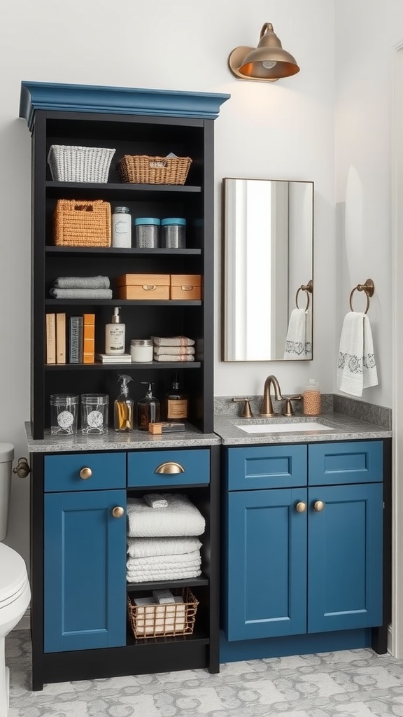 A blue and black bathroom featuring a stylish storage cabinet with open shelves and a sleek sink area.