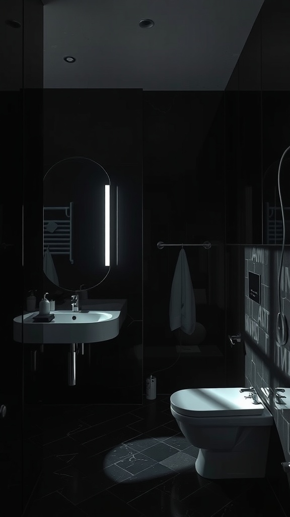 A modern black bathroom with dramatic lighting.