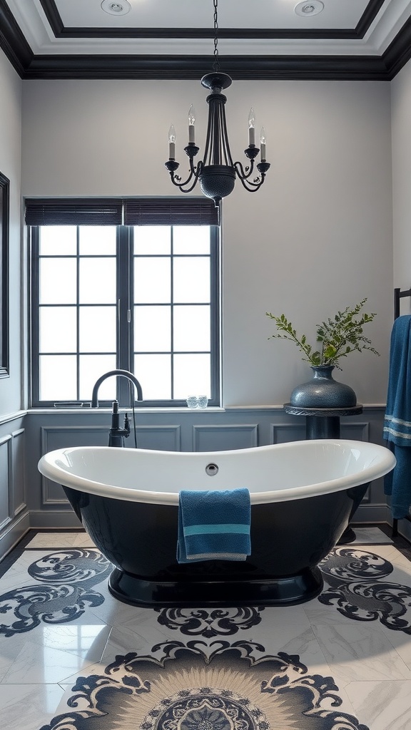 Elegant black and white bathroom with freestanding bathtub and blue accents