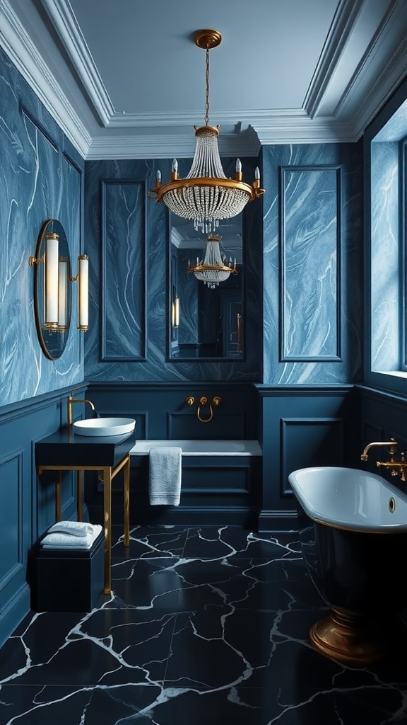 Elegant blue and black bathroom with a chandelier and modern fixtures
