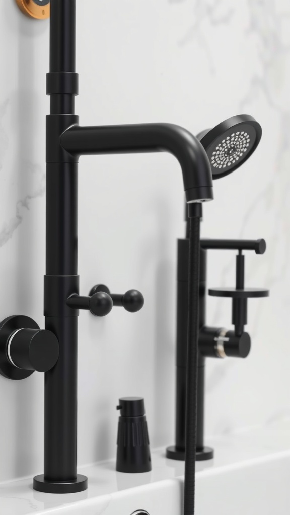 A close-up view of elegant matte black bathroom fixtures